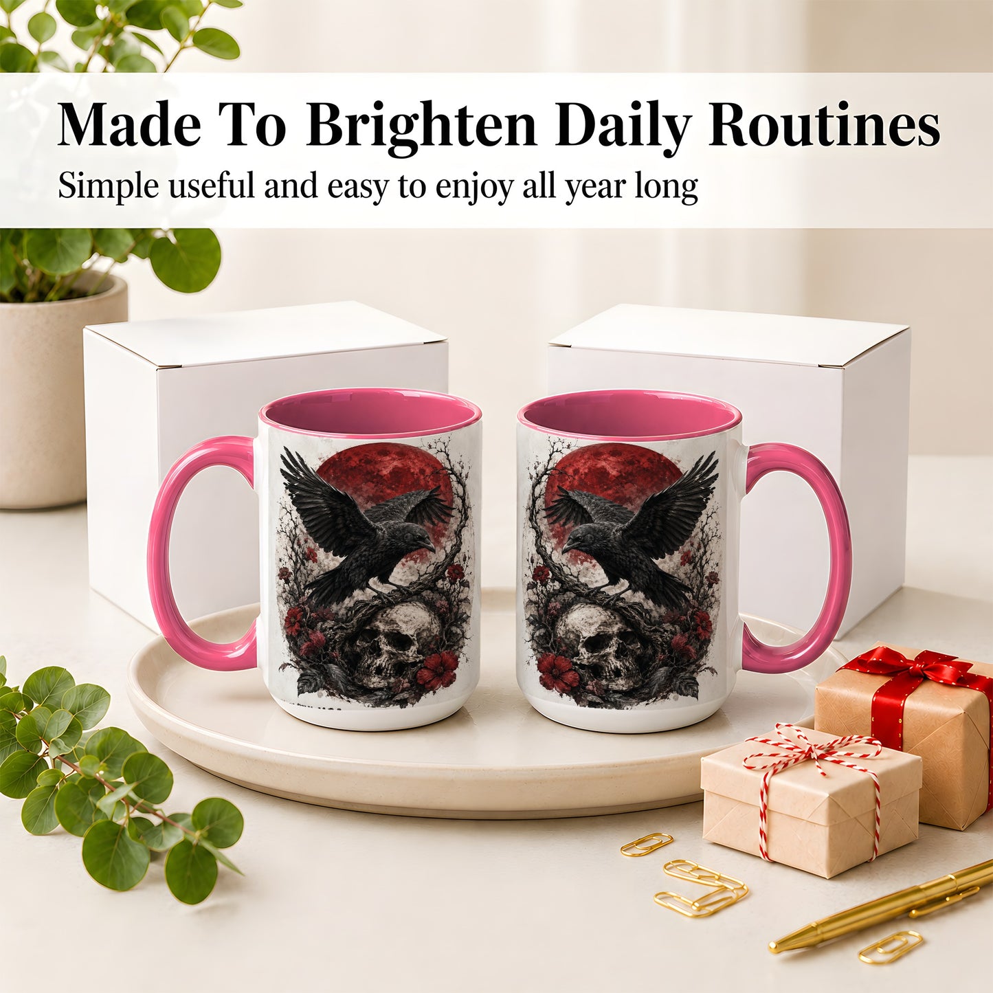 #pl[15oz|Pink] Raven Skull Ceramic Mug, Red Moon Gothic Floral Art for Raven Fans