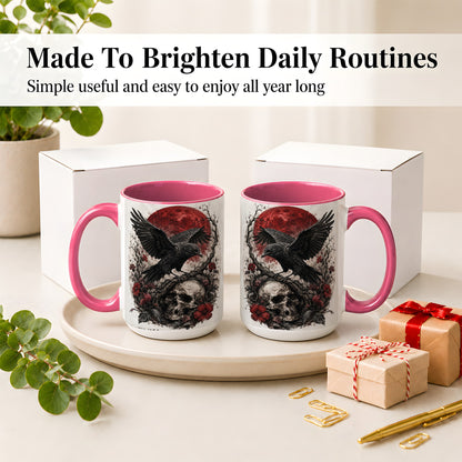 #pl[15oz|Pink] Raven Skull Ceramic Mug, Red Moon Gothic Floral Art for Raven Fans