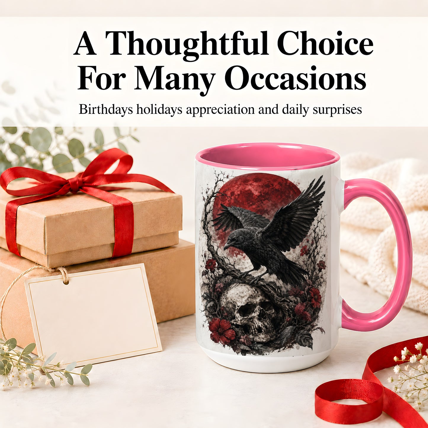 #pl[15oz|Pink] Raven Skull Ceramic Mug, Red Moon Gothic Floral Art for Raven Fans