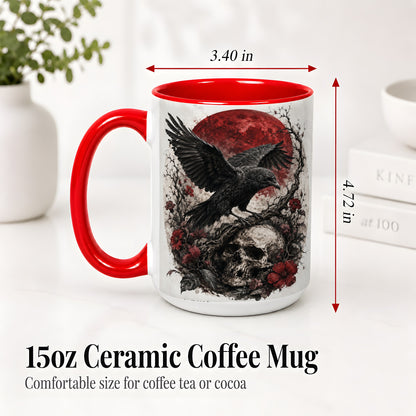 #pl[15oz|Red] Raven Skull Ceramic Mug, Red Moon Gothic Floral Art for Raven Fans
