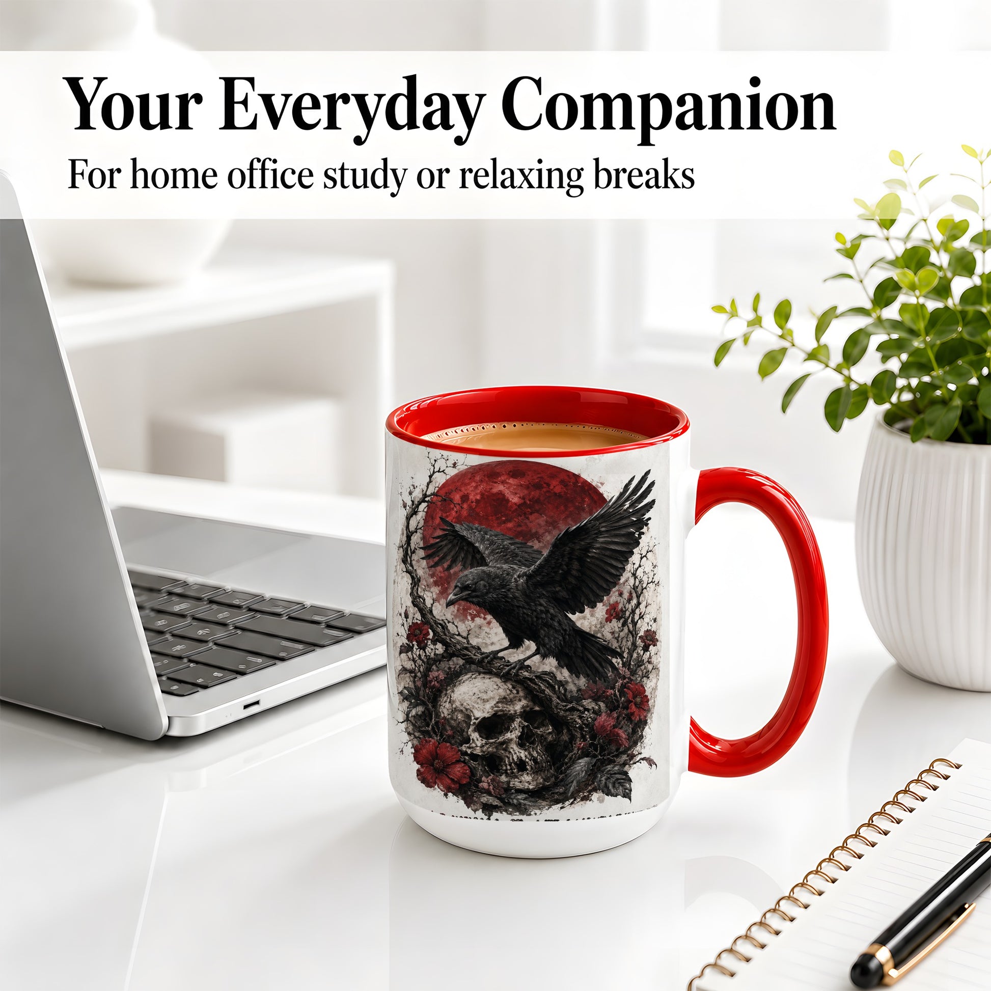 #pl[15oz|Red] Raven Skull Ceramic Mug, Red Moon Gothic Floral Art for Raven Fans