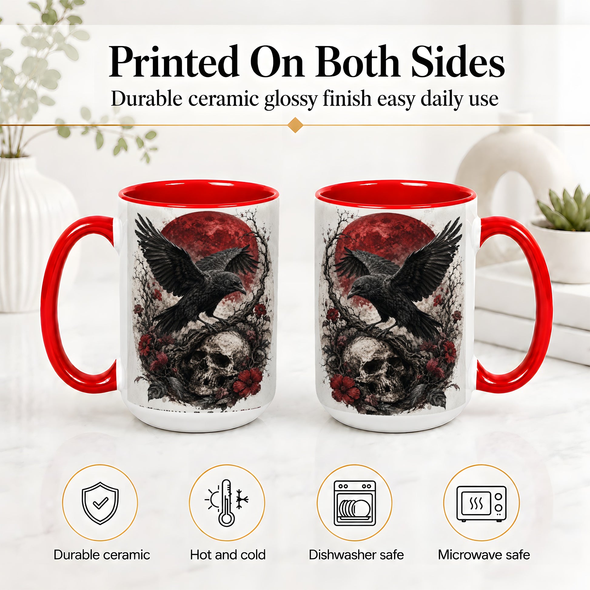 #pl[15oz|Red] Raven Skull Ceramic Mug, Red Moon Gothic Floral Art for Raven Fans
