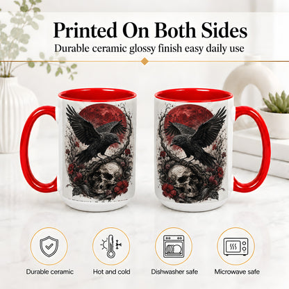 #pl[15oz|Red] Raven Skull Ceramic Mug, Red Moon Gothic Floral Art for Raven Fans