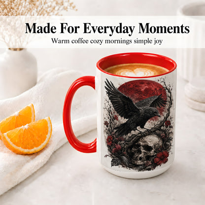 #pl[15oz|Red] Raven Skull Ceramic Mug, Red Moon Gothic Floral Art for Raven Fans