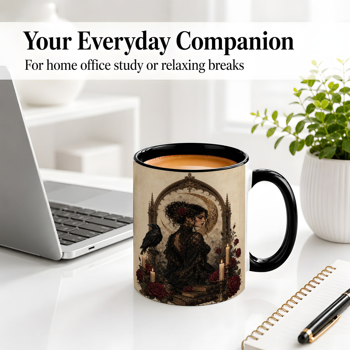 #pl[11oz|Black] Gothic Raven Lady Ceramic Mug, Moon Rose Art for Dark Romance Fans