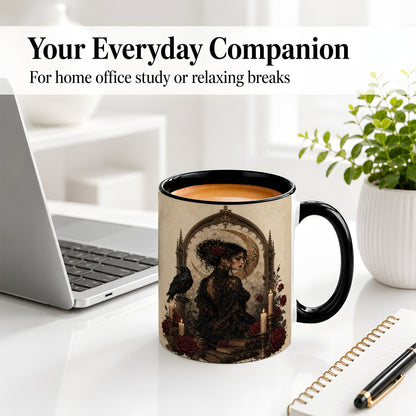 #pl[11oz|Black] Gothic Raven Lady Ceramic Mug, Moon Rose Art for Dark Romance Fans