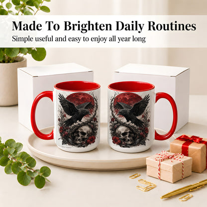 #pl[15oz|Red] Raven Skull Ceramic Mug, Red Moon Gothic Floral Art for Raven Fans