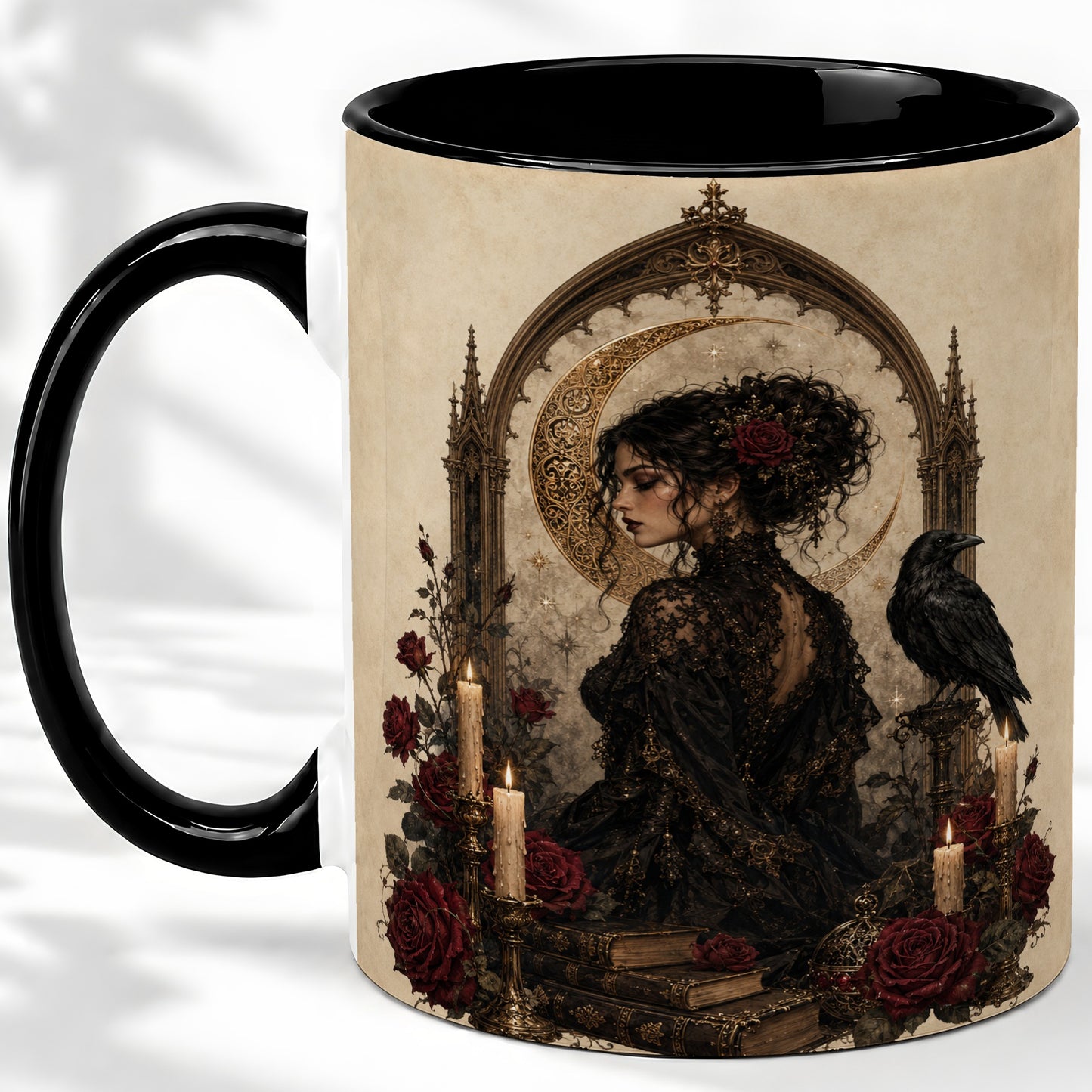 #pl[11oz|Black] Gothic Raven Lady Ceramic Mug, Moon Rose Art for Dark Romance Fans
