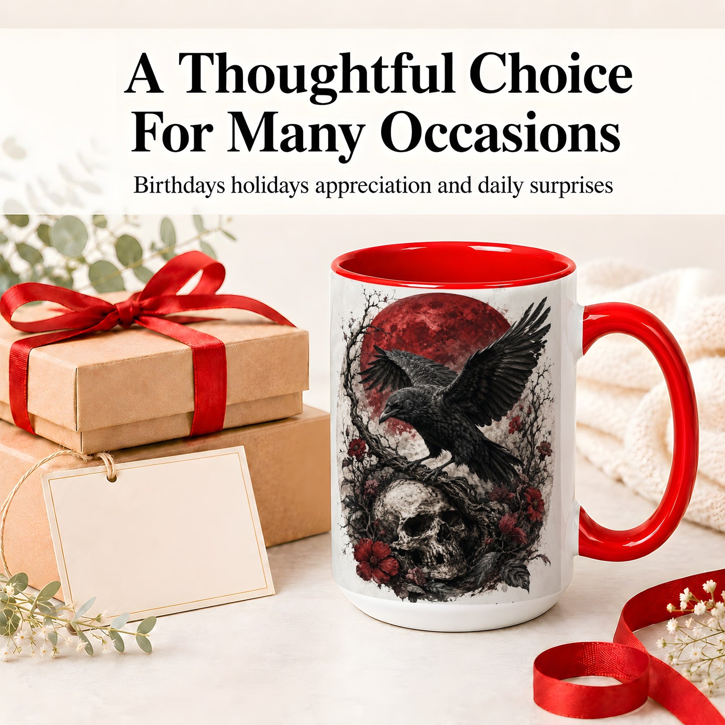 #pl[15oz|Red] Raven Skull Ceramic Mug, Red Moon Gothic Floral Art for Raven Fans