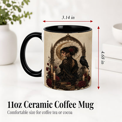 #pl[11oz|Black] Gothic Raven Lady Ceramic Mug, Moon Rose Art for Dark Romance Fans