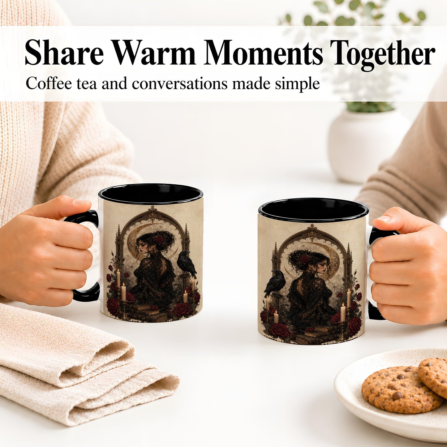 #pl[11oz|Black] Gothic Raven Lady Ceramic Mug, Moon Rose Art for Dark Romance Fans