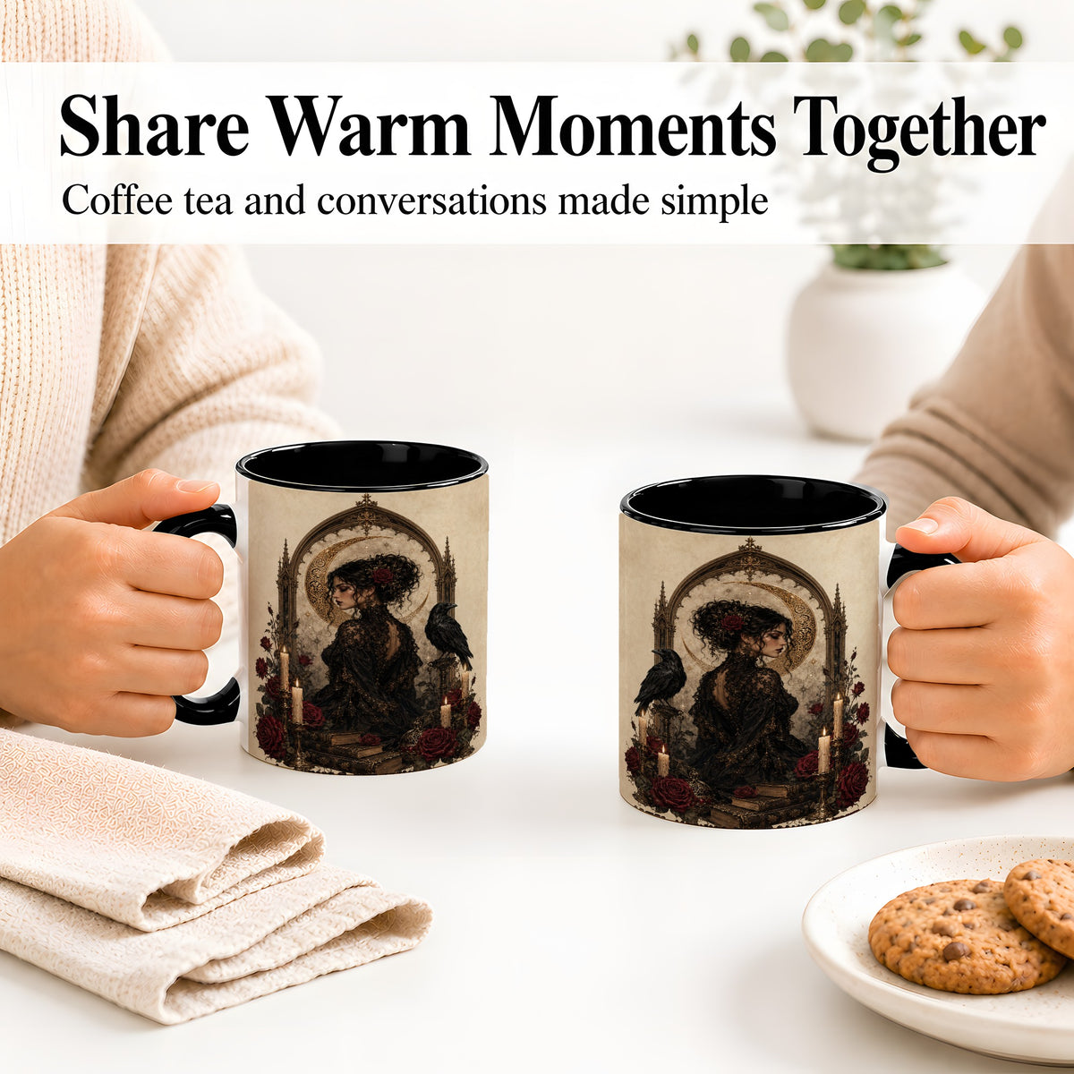 #pl[11oz|Black] Gothic Raven Lady Ceramic Mug, Moon Rose Art for Dark Romance Fans