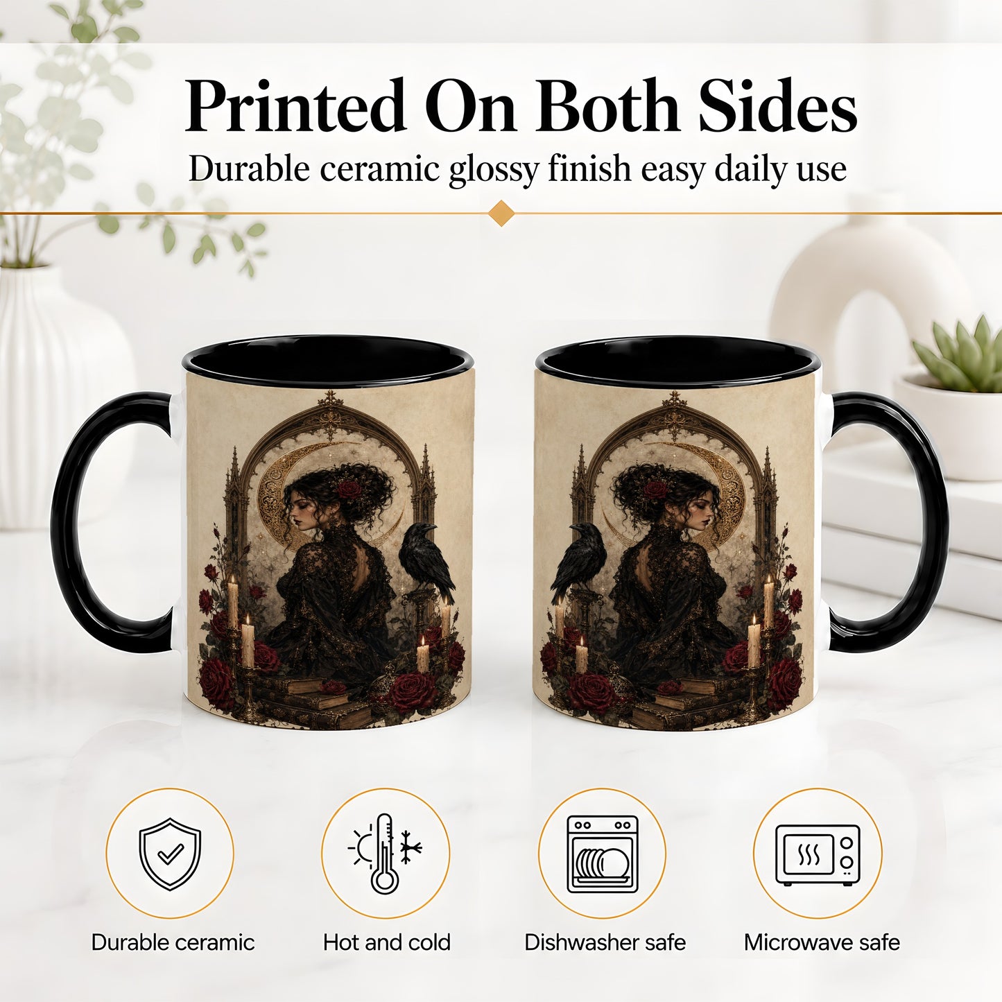 #pl[11oz|Black] Gothic Raven Lady Ceramic Mug, Moon Rose Art for Dark Romance Fans