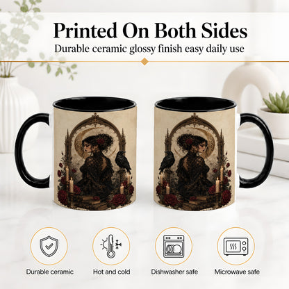 #pl[11oz|Black] Gothic Raven Lady Ceramic Mug, Moon Rose Art for Dark Romance Fans