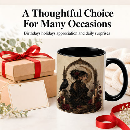 #pl[11oz|Black] Gothic Raven Lady Ceramic Mug, Moon Rose Art for Dark Romance Fans
