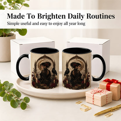 #pl[11oz|Black] Gothic Raven Lady Ceramic Mug, Moon Rose Art for Dark Romance Fans