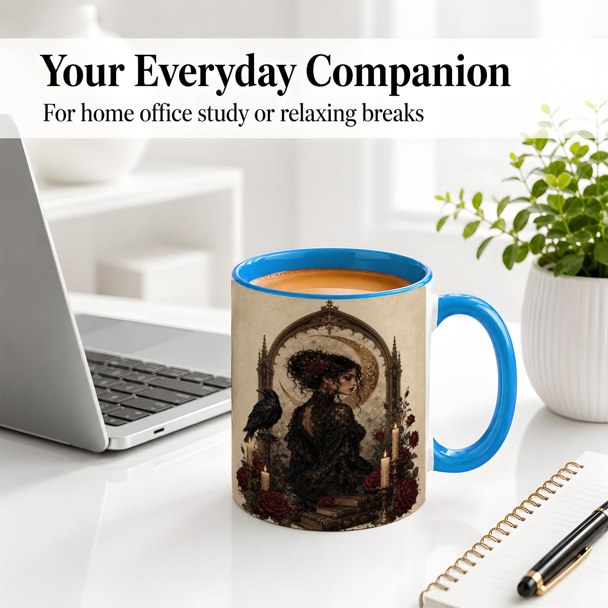 #pl[11oz|Blue] Gothic Raven Lady Ceramic Mug, Moon Rose Art for Dark Romance Fans