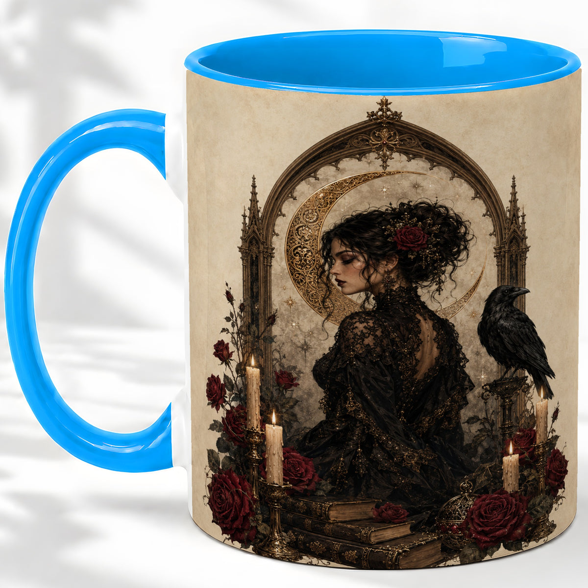#pl[11oz|Blue] Gothic Raven Lady Ceramic Mug, Moon Rose Art for Dark Romance Fans