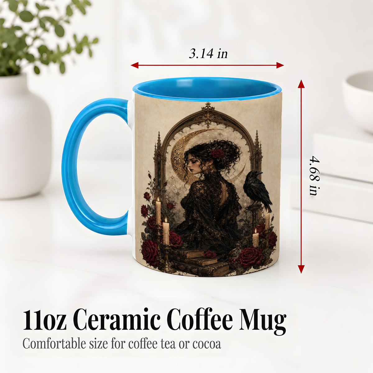 #pl[11oz|Blue] Gothic Raven Lady Ceramic Mug, Moon Rose Art for Dark Romance Fans