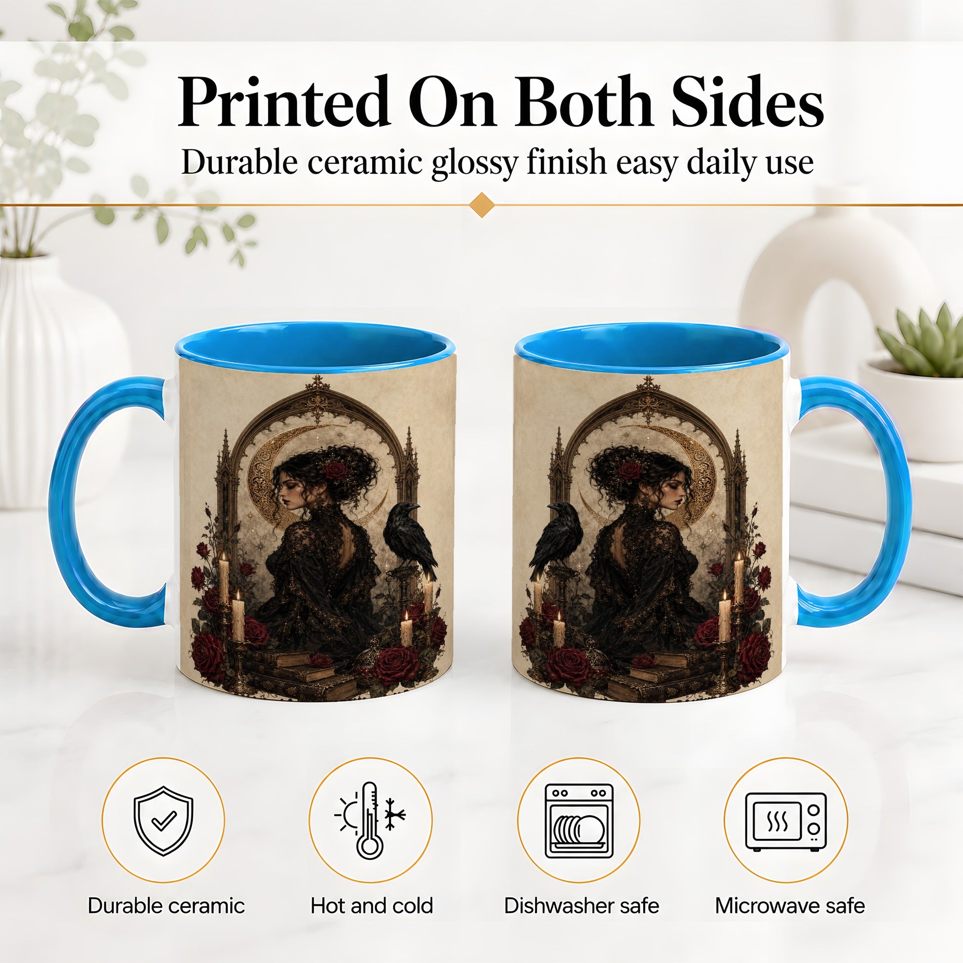 #pl[11oz|Blue] Gothic Raven Lady Ceramic Mug, Moon Rose Art for Dark Romance Fans