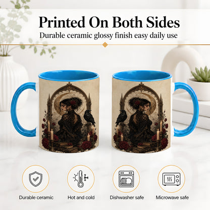 #pl[11oz|Blue] Gothic Raven Lady Ceramic Mug, Moon Rose Art for Dark Romance Fans