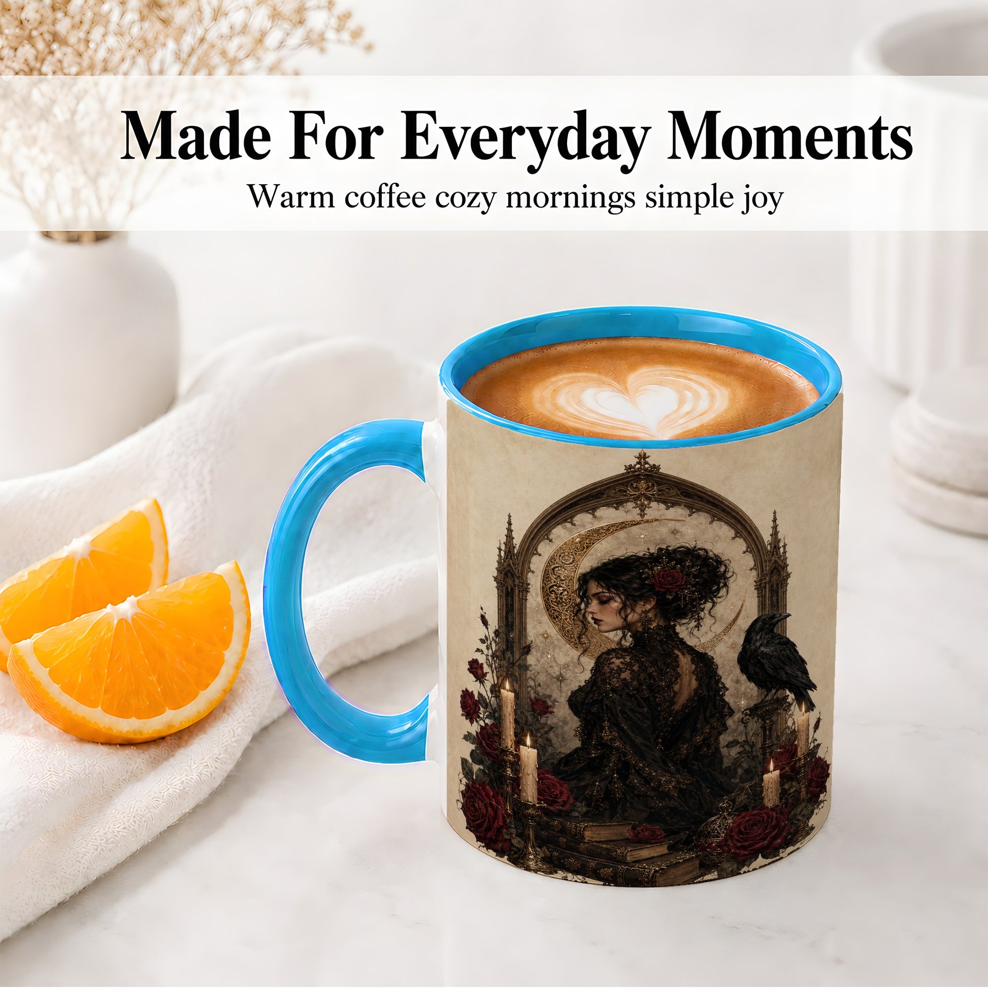 #pl[11oz|Blue] Gothic Raven Lady Ceramic Mug, Moon Rose Art for Dark Romance Fans