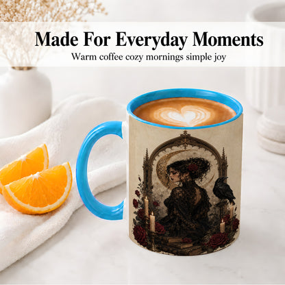 #pl[11oz|Blue] Gothic Raven Lady Ceramic Mug, Moon Rose Art for Dark Romance Fans