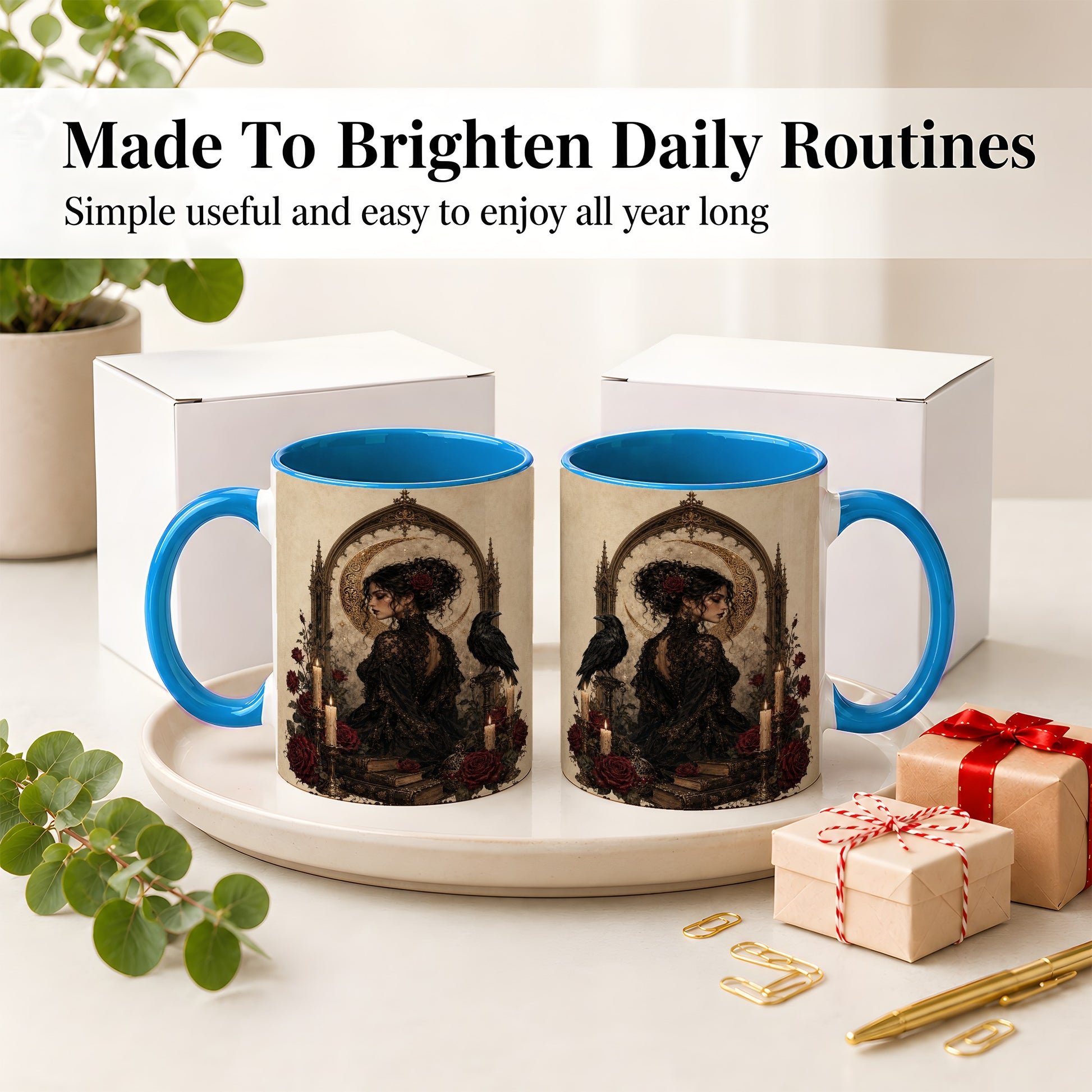 #pl[11oz|Blue] Gothic Raven Lady Ceramic Mug, Moon Rose Art for Dark Romance Fans
