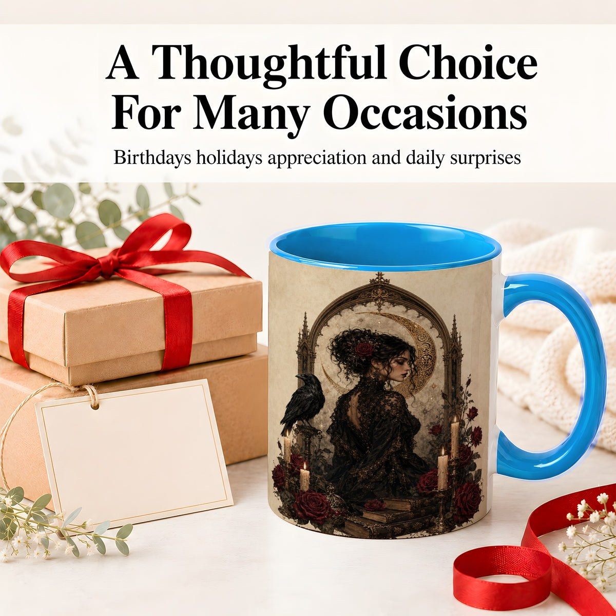 #pl[11oz|Blue] Gothic Raven Lady Ceramic Mug, Moon Rose Art for Dark Romance Fans