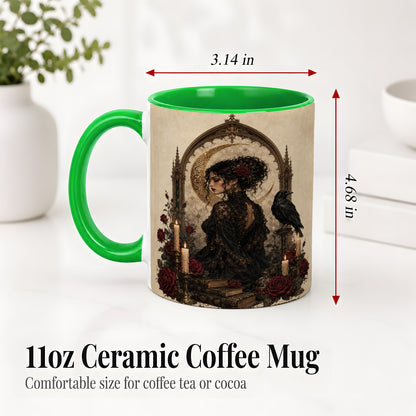 #pl[11oz|Green] Gothic Raven Lady Ceramic Mug, Moon Rose Art for Dark Romance Fans