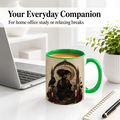 #pl[11oz|Green] Gothic Raven Lady Ceramic Mug, Moon Rose Art for Dark Romance Fans
