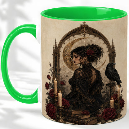 #pl[11oz|Green] Gothic Raven Lady Ceramic Mug, Moon Rose Art for Dark Romance Fans