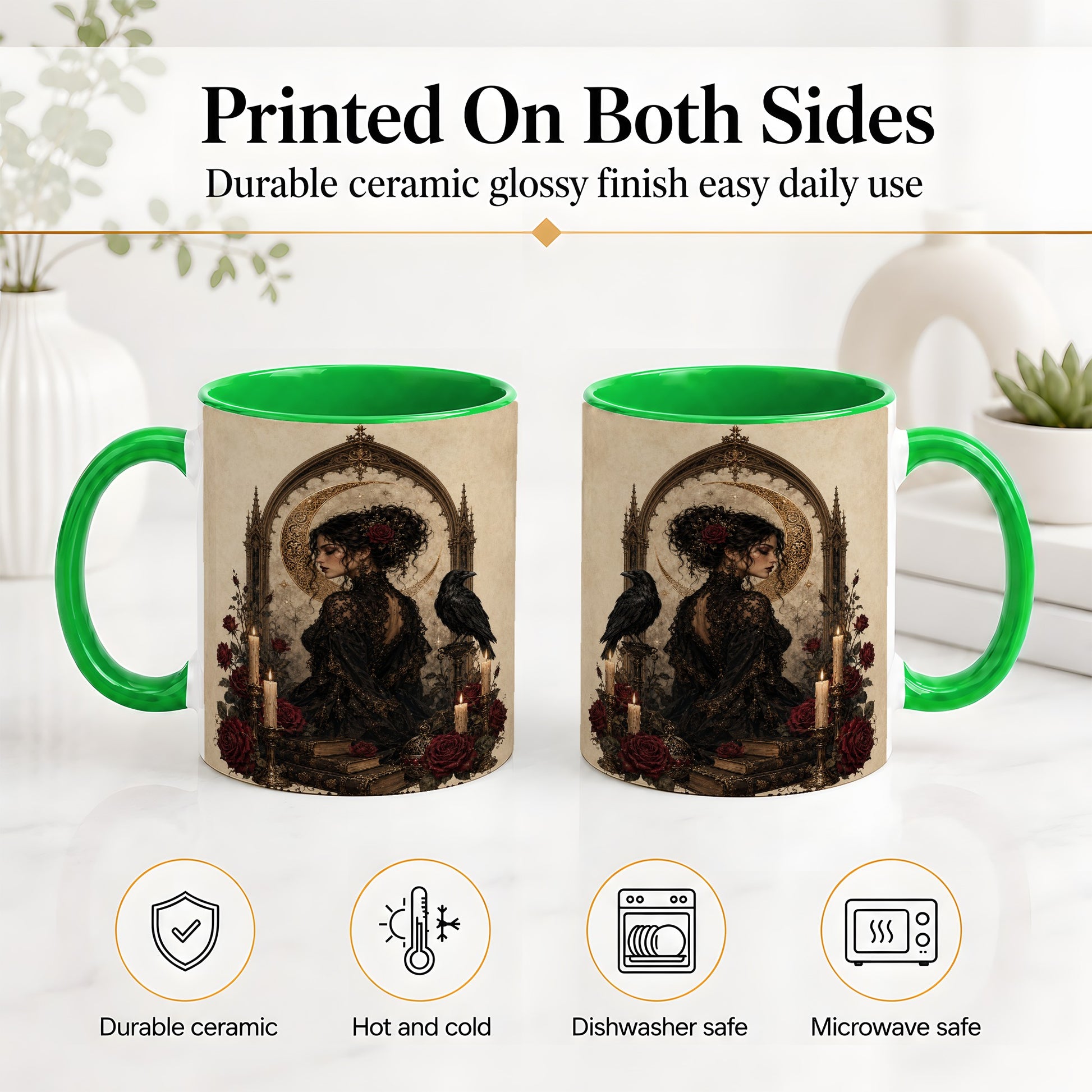 #pl[11oz|Green] Gothic Raven Lady Ceramic Mug, Moon Rose Art for Dark Romance Fans