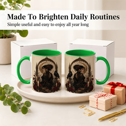 #pl[11oz|Green] Gothic Raven Lady Ceramic Mug, Moon Rose Art for Dark Romance Fans