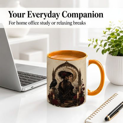 #pl[11oz|Orange] Gothic Raven Lady Ceramic Mug, Moon Rose Art for Dark Romance Fans