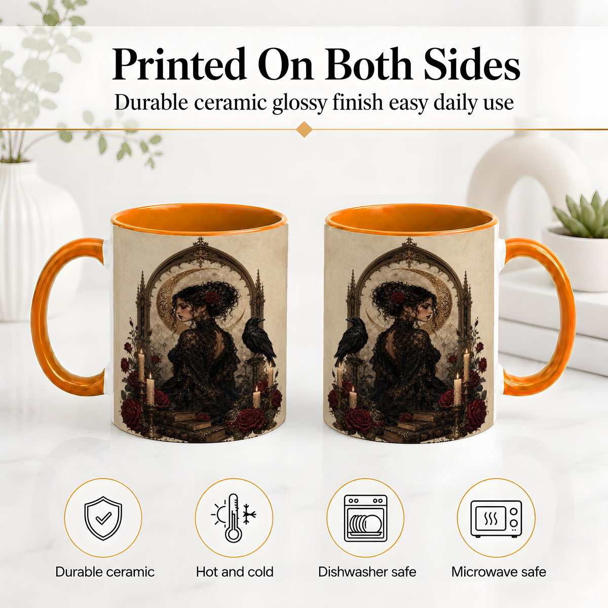 #pl[11oz|Orange] Gothic Raven Lady Ceramic Mug, Moon Rose Art for Dark Romance Fans