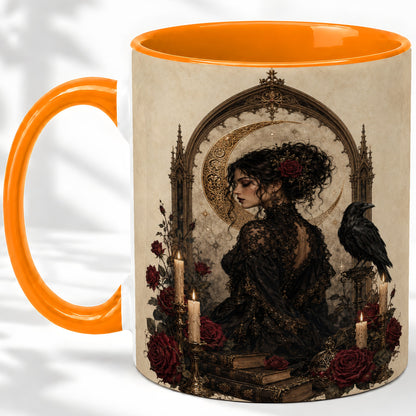 #pl[11oz|Orange] Gothic Raven Lady Ceramic Mug, Moon Rose Art for Dark Romance Fans
