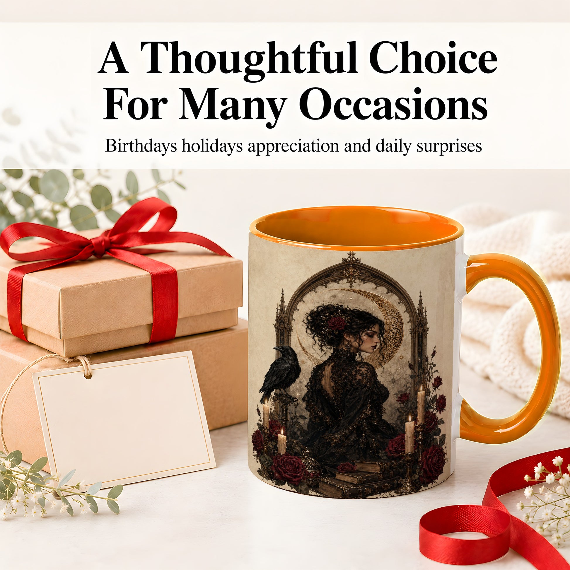 #pl[11oz|Orange] Gothic Raven Lady Ceramic Mug, Moon Rose Art for Dark Romance Fans
