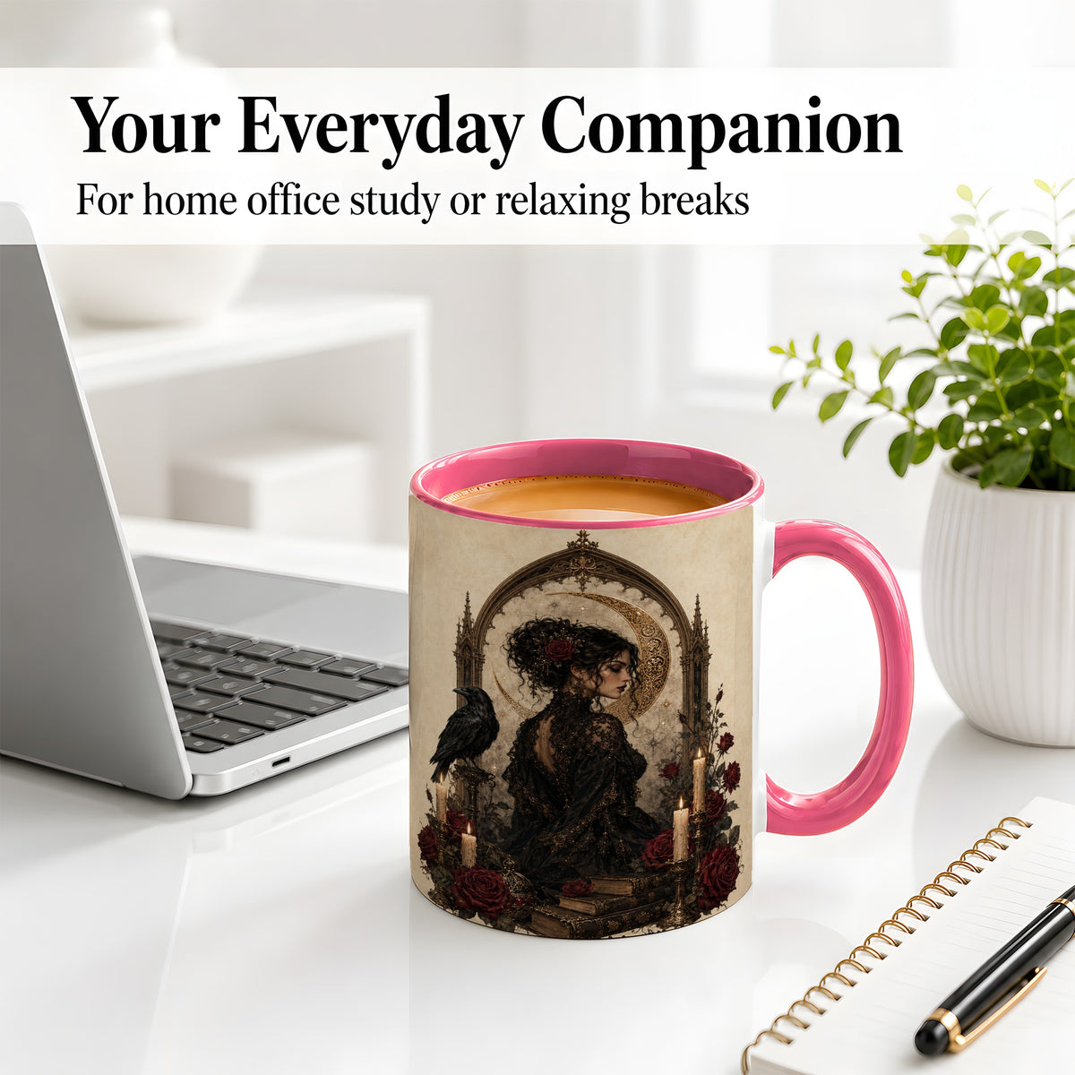 #pl[11oz|Pink] Gothic Raven Lady Ceramic Mug, Moon Rose Art for Dark Romance Fans