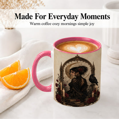 #pl[11oz|Pink] Gothic Raven Lady Ceramic Mug, Moon Rose Art for Dark Romance Fans