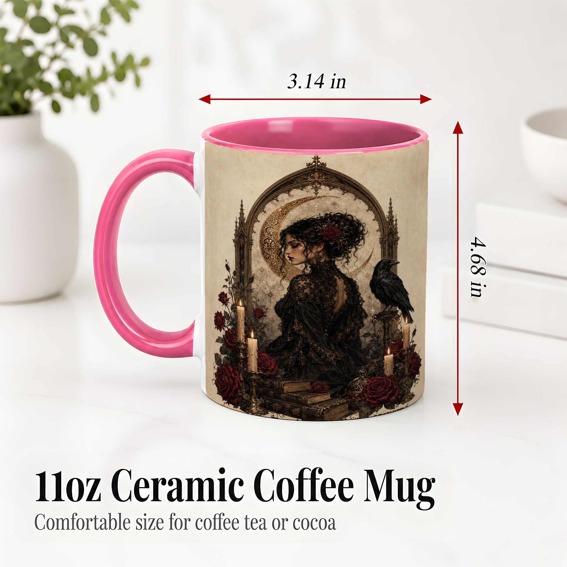 #pl[11oz|Pink] Gothic Raven Lady Ceramic Mug, Moon Rose Art for Dark Romance Fans