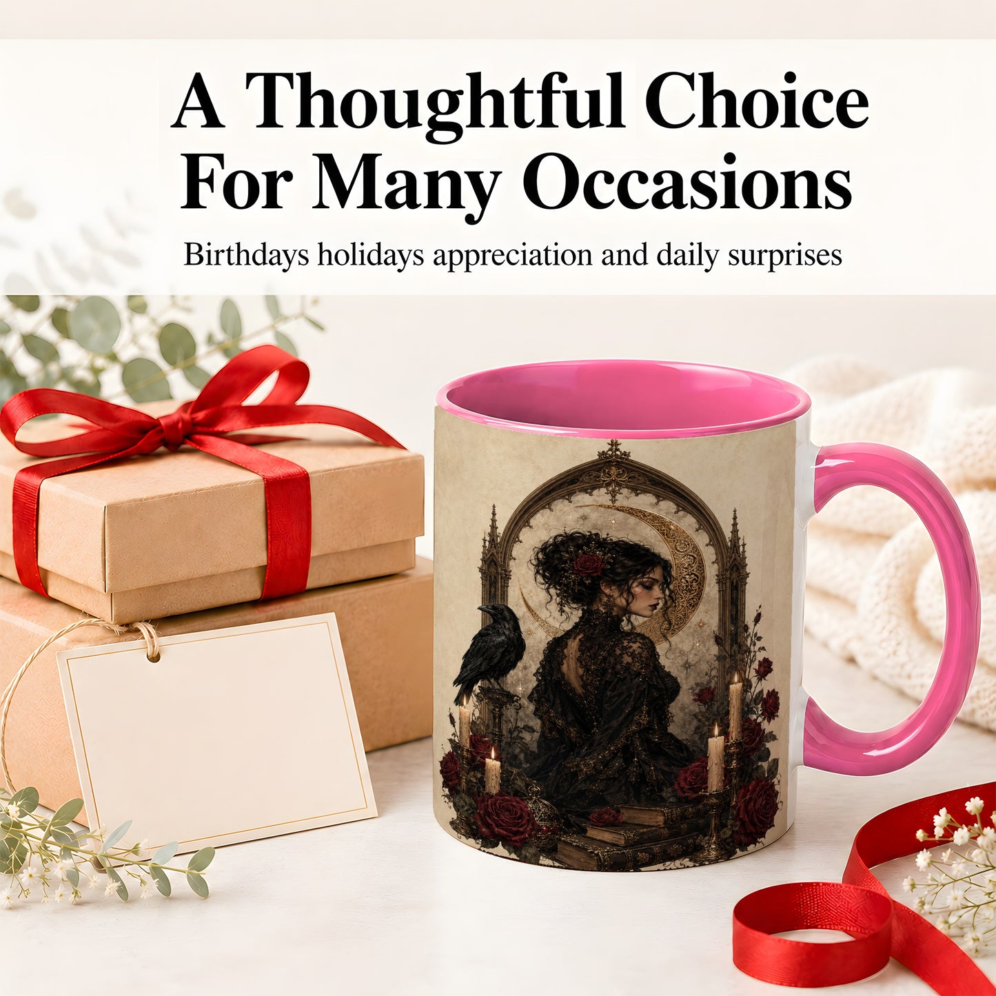 #pl[11oz|Pink] Gothic Raven Lady Ceramic Mug, Moon Rose Art for Dark Romance Fans