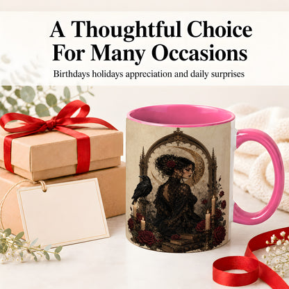 #pl[11oz|Pink] Gothic Raven Lady Ceramic Mug, Moon Rose Art for Dark Romance Fans