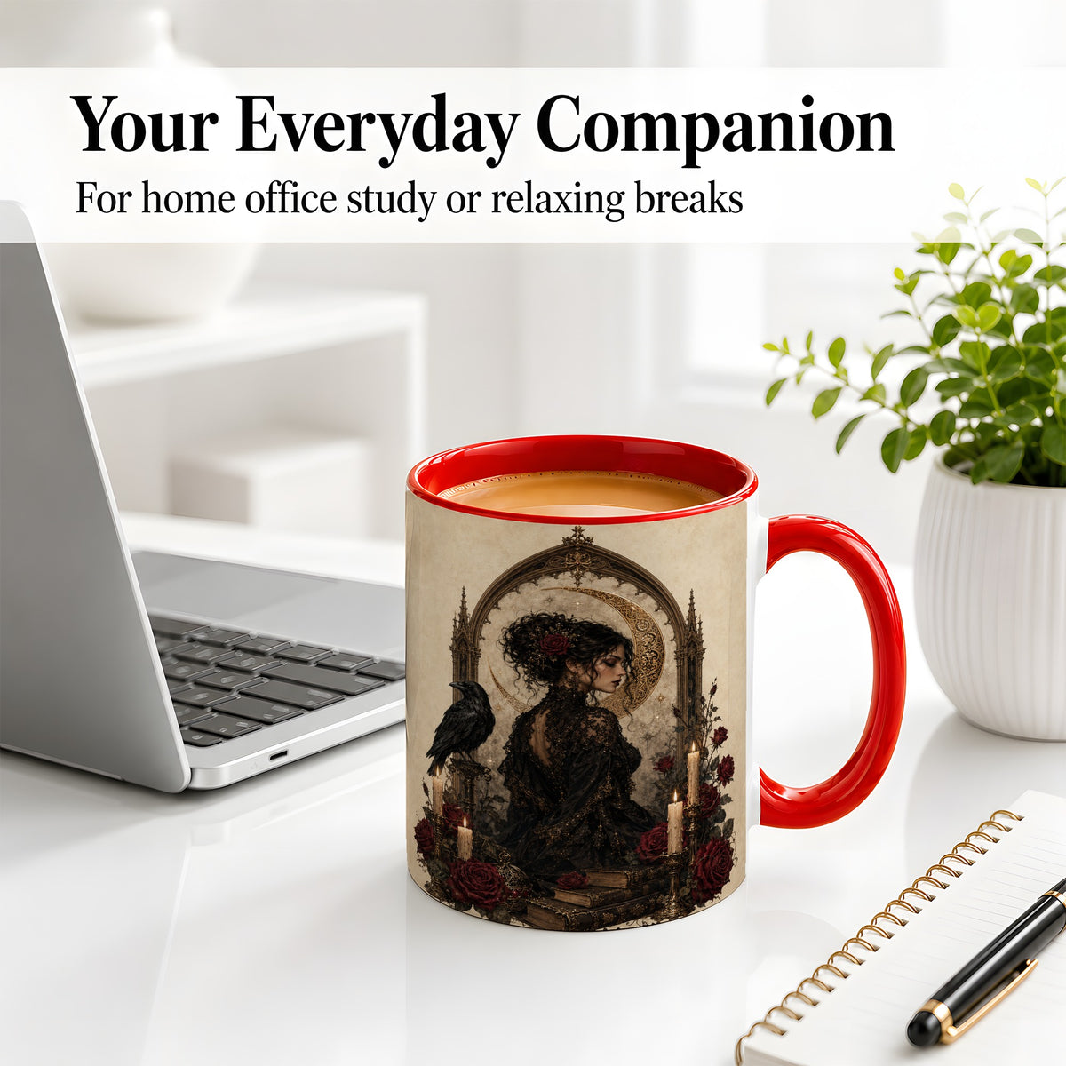 #pl[11oz|Red] Gothic Raven Lady Ceramic Mug, Moon Rose Art for Dark Romance Fans