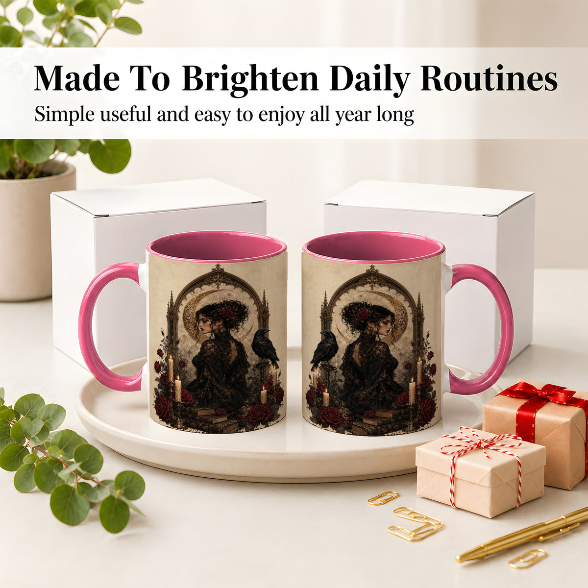 #pl[11oz|Pink] Gothic Raven Lady Ceramic Mug, Moon Rose Art for Dark Romance Fans