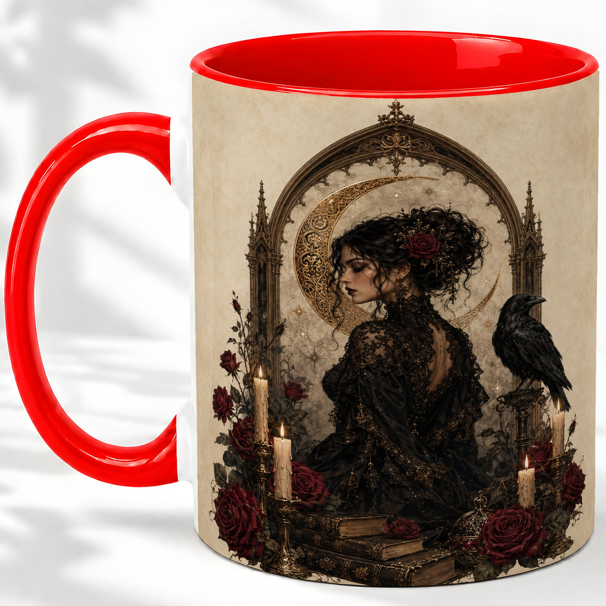 Gothic Raven Lady Ceramic Mug, Moon Rose Art for Dark Romance Fans