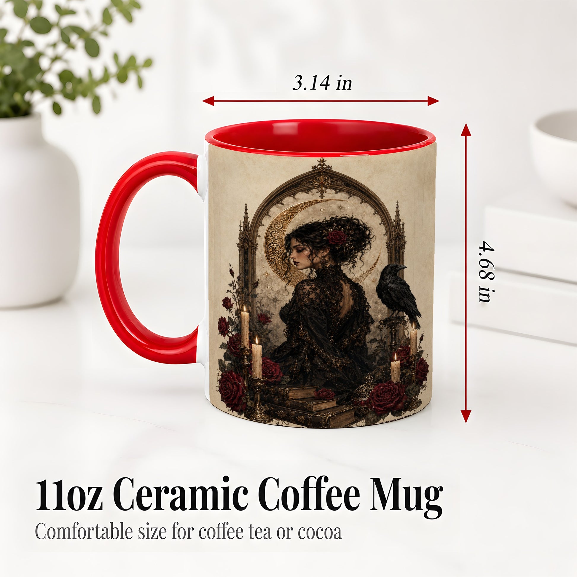 #pl[11oz|Red] Gothic Raven Lady Ceramic Mug, Moon Rose Art for Dark Romance Fans