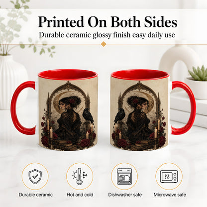 #pl[11oz|Red] Gothic Raven Lady Ceramic Mug, Moon Rose Art for Dark Romance Fans