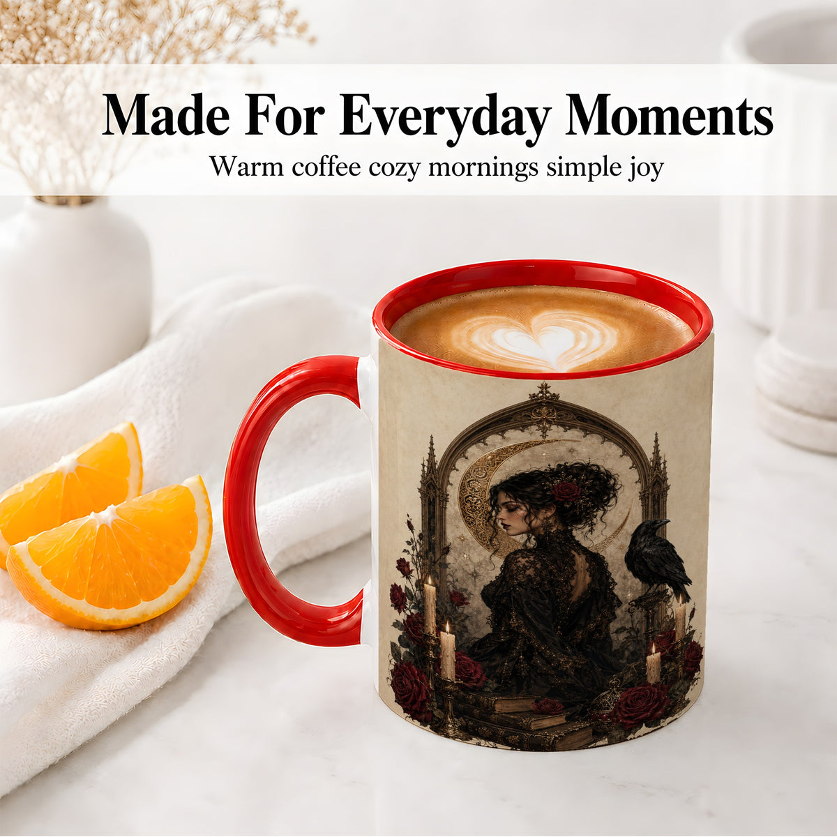 #pl[11oz|Red] Gothic Raven Lady Ceramic Mug, Moon Rose Art for Dark Romance Fans