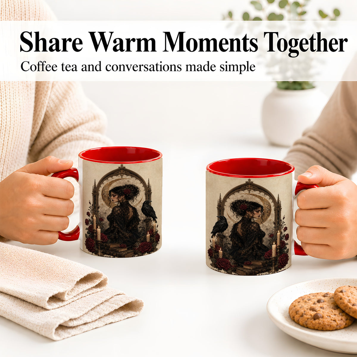 #pl[11oz|Red] Gothic Raven Lady Ceramic Mug, Moon Rose Art for Dark Romance Fans